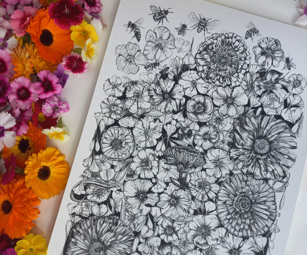 The faces and critters in our edible flower garden